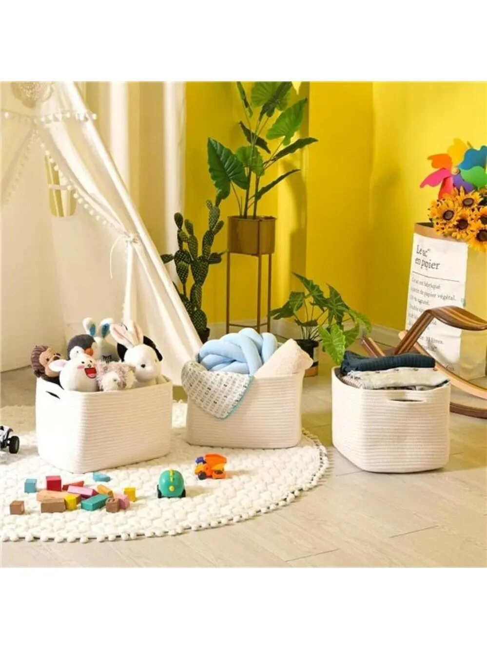 Woven Cotton Rope Storage Baskets for Shelves Nursery Toys Books Towels Set 3